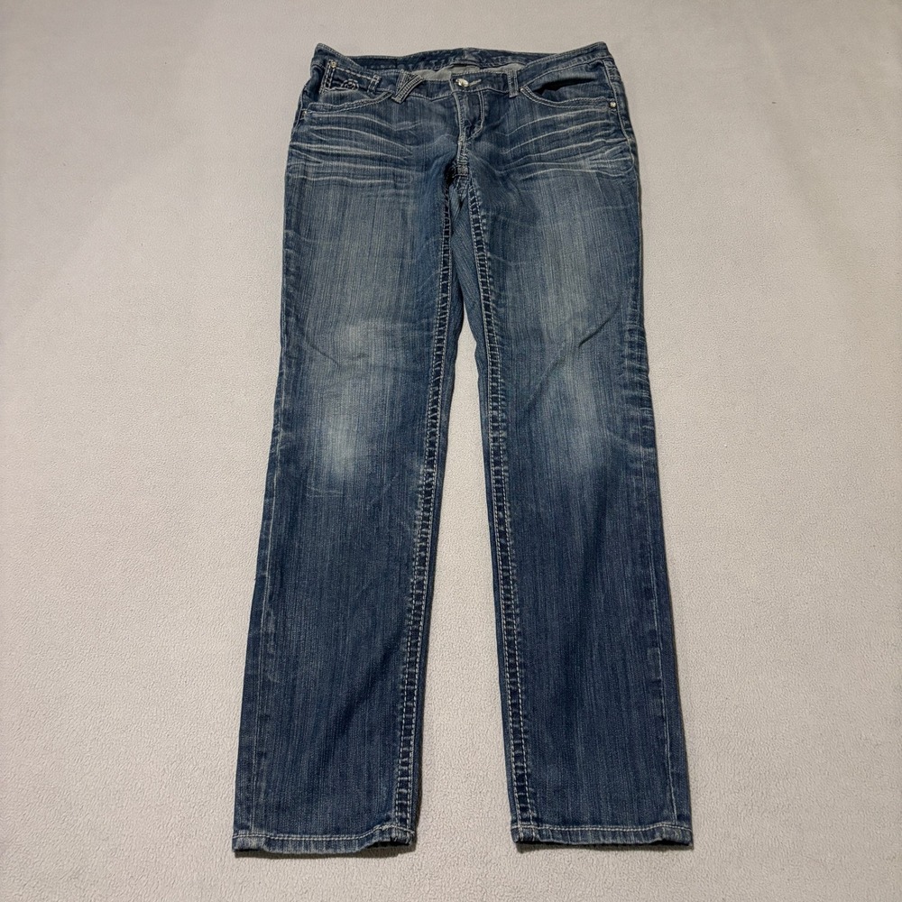 Seven7 Womens Straight Leg Jeans Size 8 Medium Wash Contrast Stitch Rhinestone